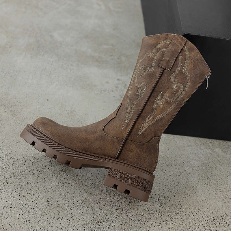 Brown Embroidered Retro Western Cowboy Boots Women's 2025 New Autumn V-mouth Knight Boots Thick-soled Thin Short Boots