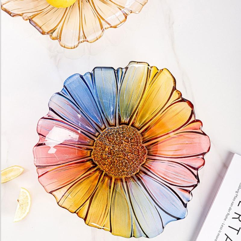 Sunflowers Pattern Glass Serving Tray With Multiple Color Great For Displaying Snacks Fruits And Dessert At Gatherings