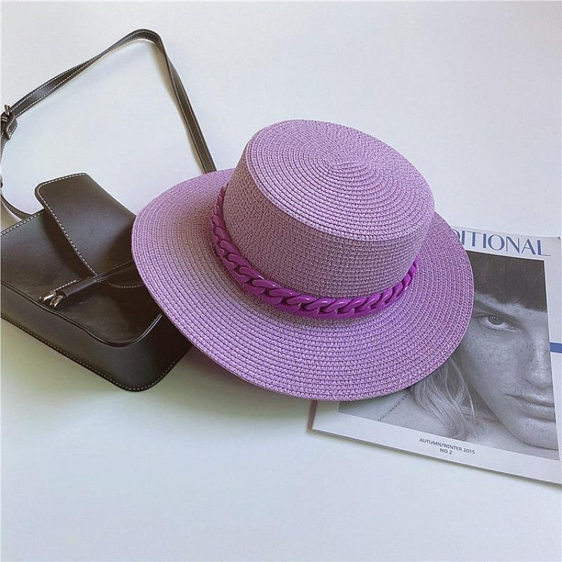 

Female Summer Candy Colors Girl Straw Hat Weaving Travel Beach Sunshade Sun Hat Flat Top Hat With Detachable Chain 55-58(adult size) фіолетовий