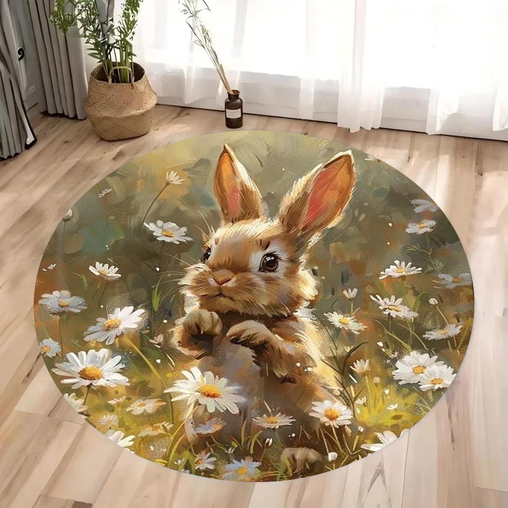 Three Rabbits Round Carpet Easter Flower Rabbit Pattern Non-slip Area Carpet Bedroom and Living Room Carpet Floor Decorative Pad