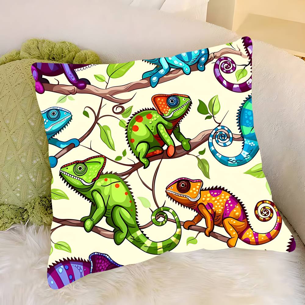 Cartoon Chameleon Lizard Pillow Case Removable Washable Cushion Cover – All-Season Soft Linen