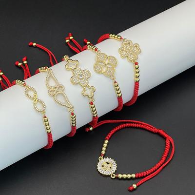 Pulseira de Corda Vermelha com Trevo de Zircônia e Diamantes