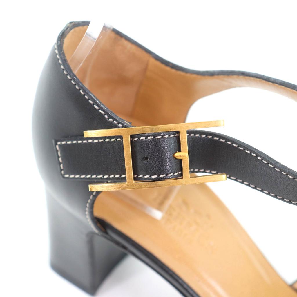 Excellent HERMES Sandals Ankle Strap with API Metal Black Leather Women 35.5 Used