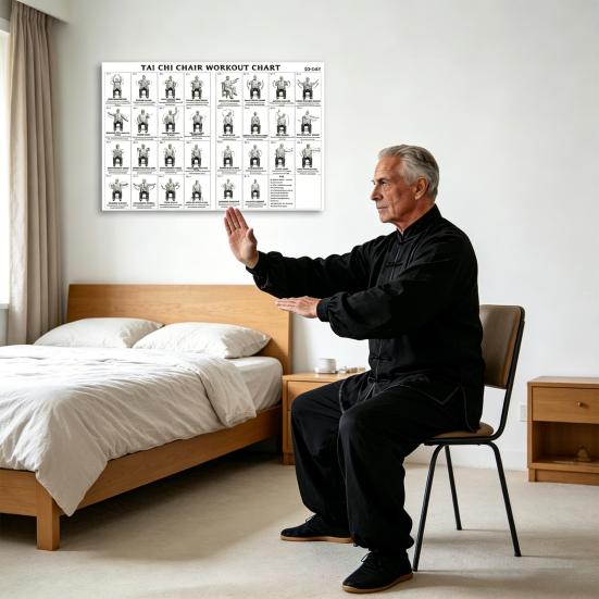 2Pcs Chair Tai Chi Workout Posters Seated Exercises Chart 30-Day Chair Tai Chi Guide for Seniors Beginners Home Gym Decor