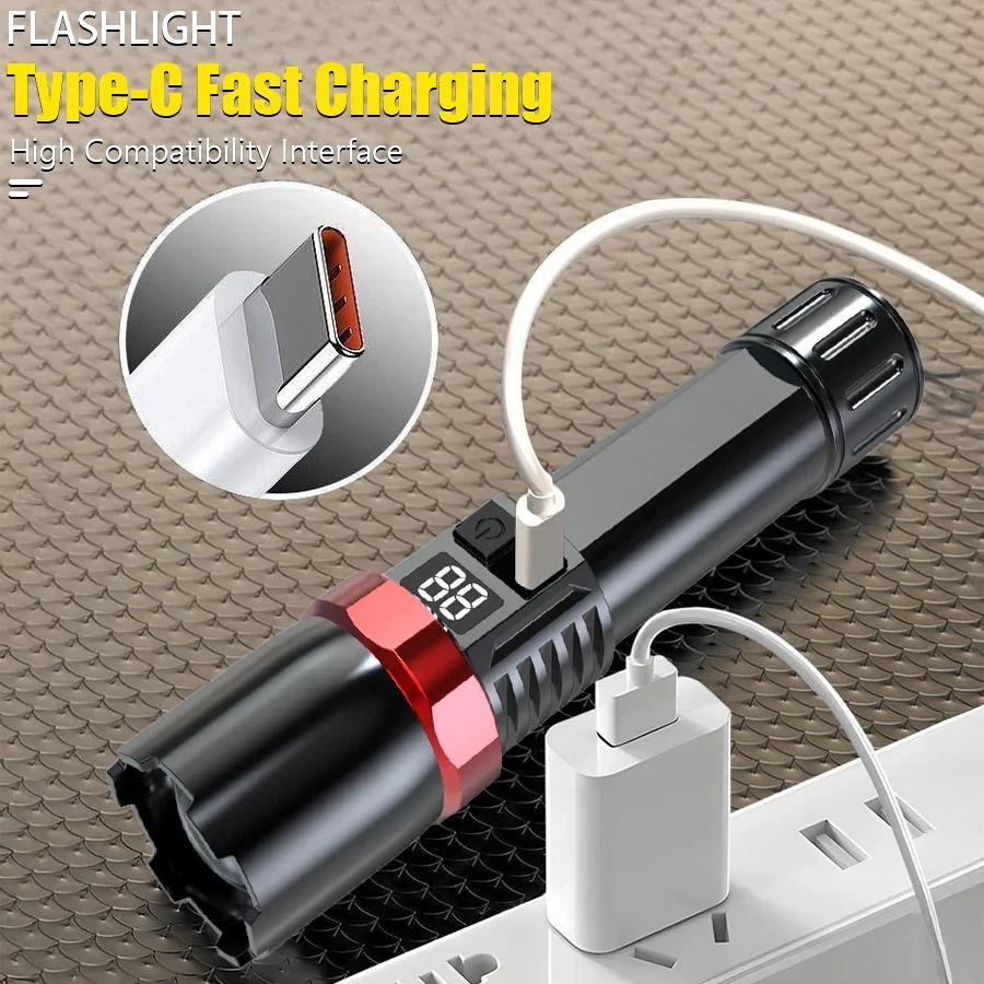 High Power LED Flashlight Powerful USB C Rechargeable Tactical Zoom Flashlight with 3 Gear Outdoor Camping Hiking Fishing Torch