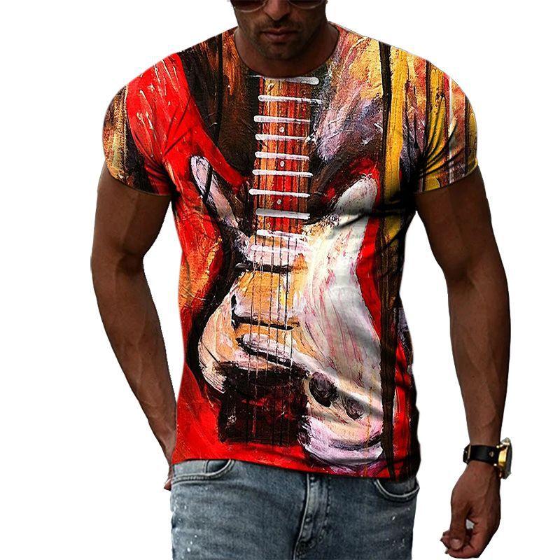 Personalized Guitar Pattern 3D Digital Print Men's Street Round Neck Short Sleeved T-shirt