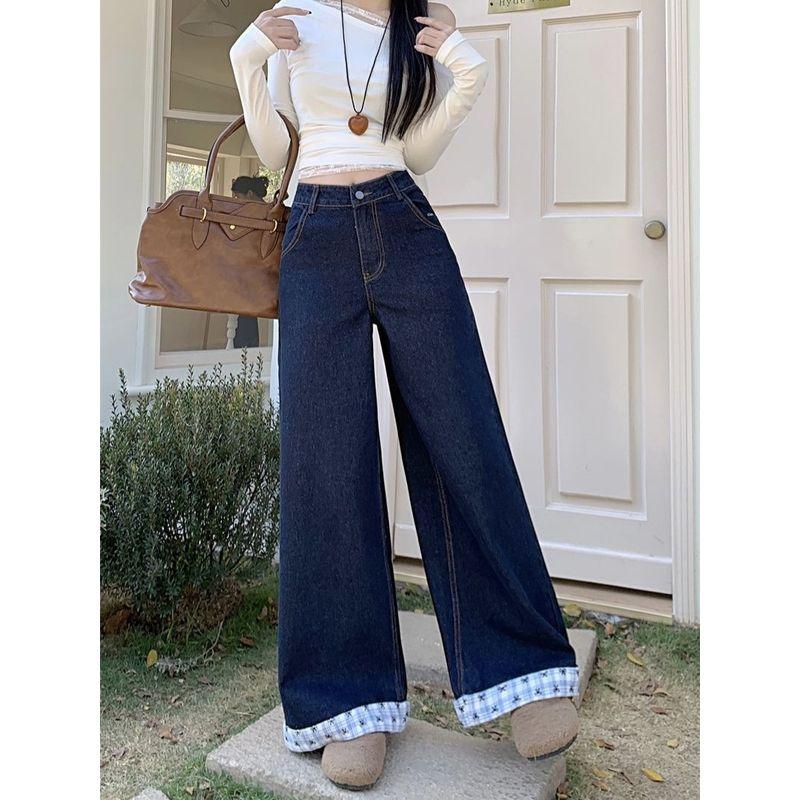 Real Shot American Letters Embroider Bows Gingham Color Contrast Patchwork Denim Summer Loose Wide Leg Mop Pants