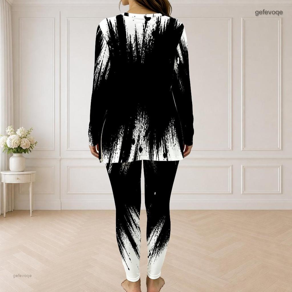 Women Plus Size Two Piece Pants Set Half Zip Long Sleeve Black White Printed Longline Top Fitted Pants