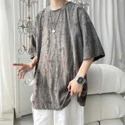 Men's Summer Loose Large Size Tops Round Neck Short Sleeve Hole Breaking Vintage Short Sleeve