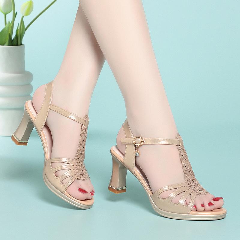 7cm Elegant Comfortable Rhinestone Gladiator Sandals Platform Shoes 2025 Summer Med Block Heels Sandals Leather for Office Mom