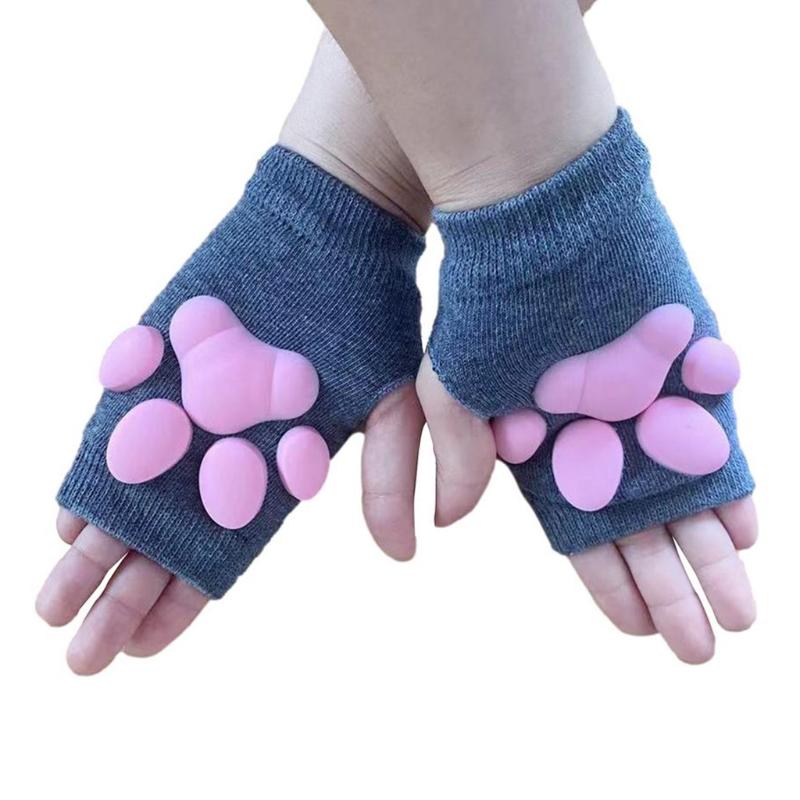 Silicone 3D Cats Claw Pad Mittens Fingerless Kitten Paw Gloves Halloween Cats Cosplay Mitten Knitted Lolita Hand S