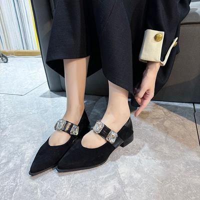 Spring New Coarse Heel Shoes Women's Pointed Shallow Mouth Suede Leopard Glitter Soft Soled Non-slip Low Top Shoes