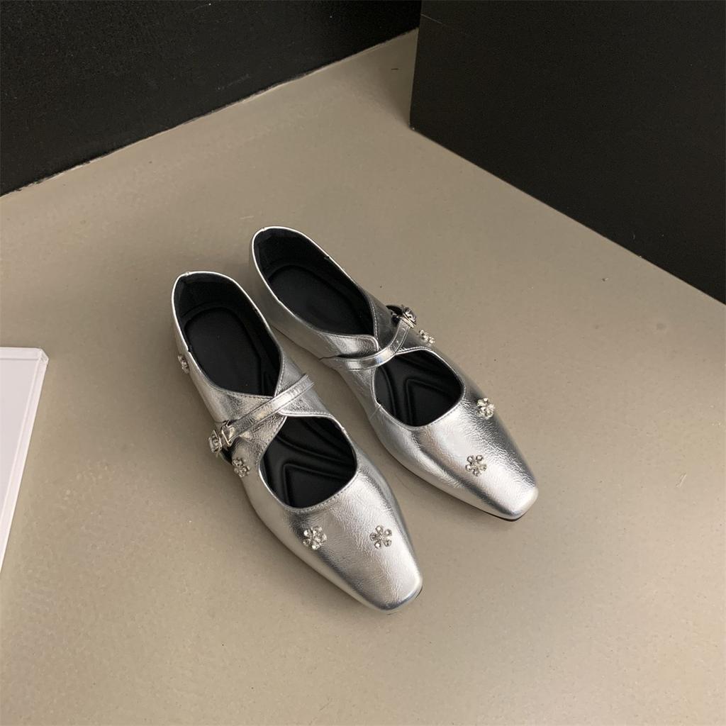 Premium sense rhinestone inner height increase small leather shoes square head buckle single shoes women's spring shallow mouth Mary Jane shoes