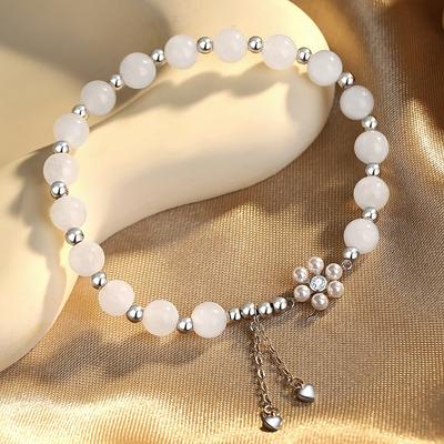 S925 Hotan Jade Bracelet Women's Fashion Synthetic Pearl Inlaid Zircon Jewelry Light Luxury Style Tassel Love Bracelet