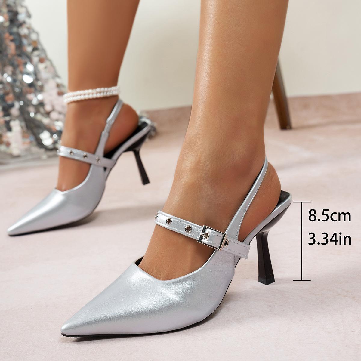 

2025 spring and summer new pointed high-heeled rivet sandals rear empty shallow rivet fashionable versatile bag head rear empty sandals 35 срібний