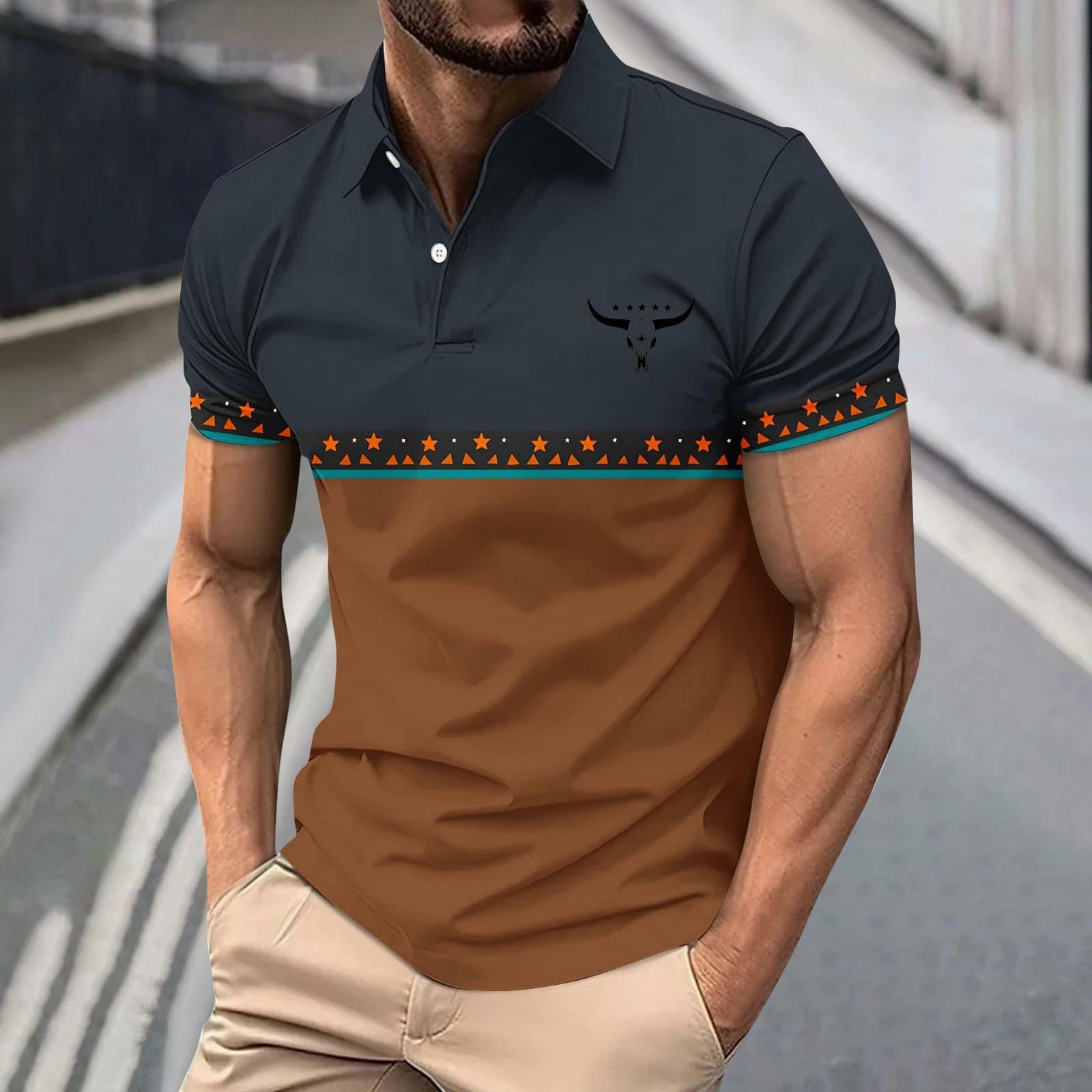 

Men s Western Bull Print Shirts Color Block Collared Short Sleeve Shirt Casual Summer Tops For Golf & Daily Wear XL Темно-синій