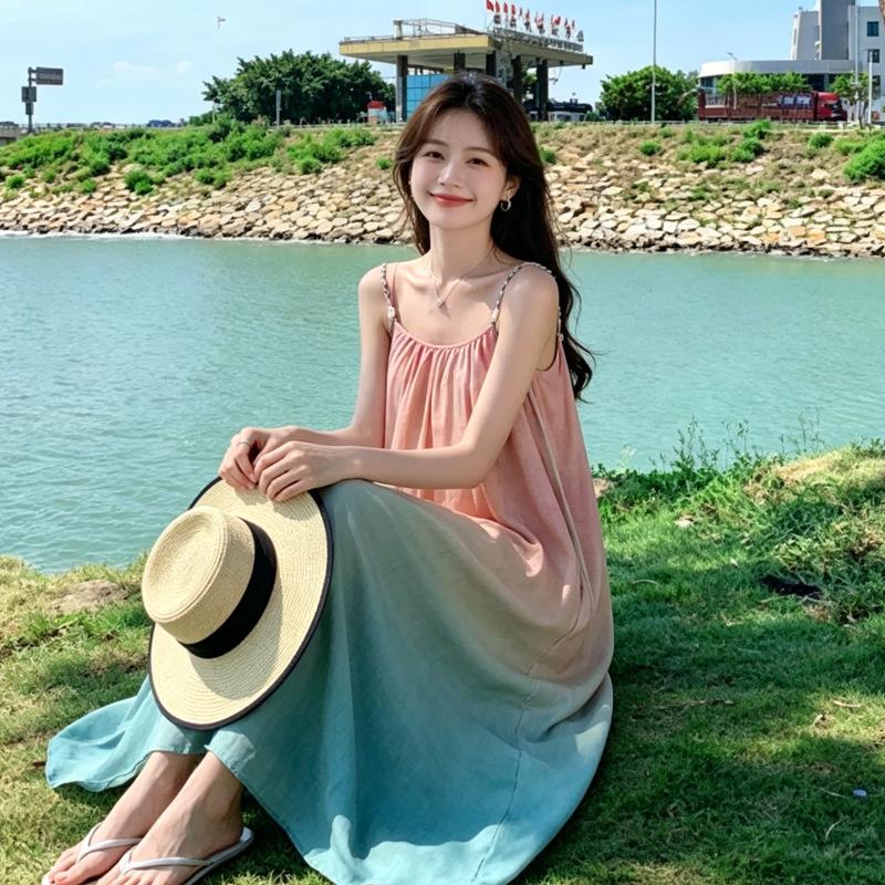 Seaside Vacation Style Stunning Sleeveless Loose Beach Dress, Summer Dopamine Camisole Dress for Women, Super Ethereal Atmosphere