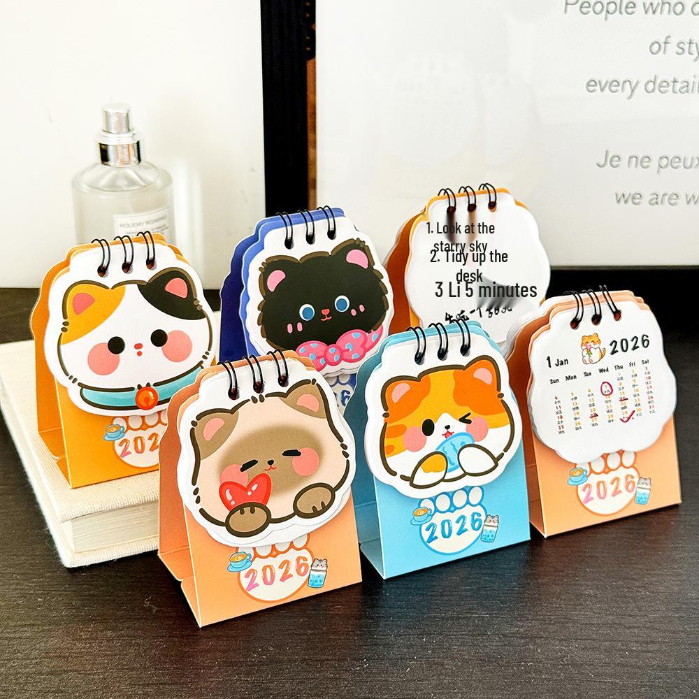 2026 Cute Cat Heart Desk Calendar with Check-in Record Ornament | Cartoon Bean Theme | High-Value Self-Discipline Small Calendar