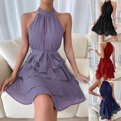 Halter Neck Splicing Dress Solid Color Ruffle Dress Sleeveless Chiffon Dresses Causal Women Dress