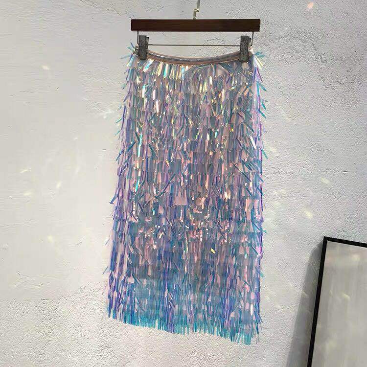 Super Dazzling Colorful Tassel Sequin High Waisted Wrapped Hip Skirt, Half Skirt, Colorful Beaded Slim Fit Skirt for Women