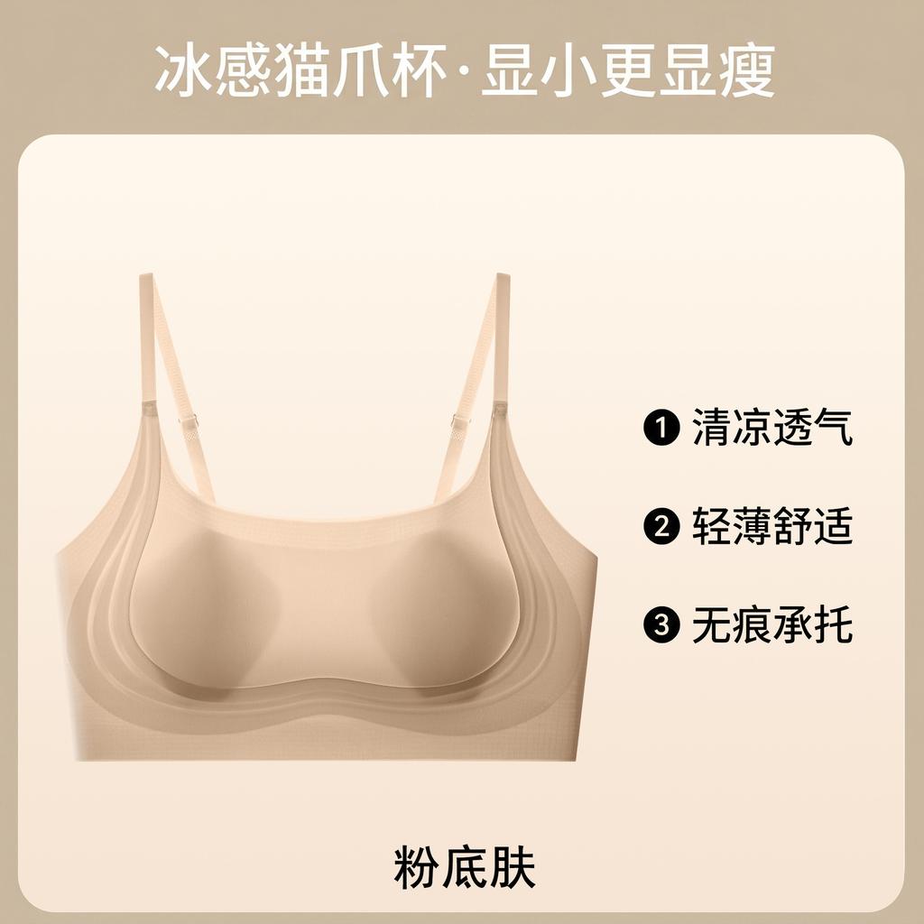 Liquid Foundation, Ice Skin Cat Claw Cup, Seamless Underwear, Women's Big Breasts Show Small Breasts, Gather Up, Support, Breathable and Comfortable