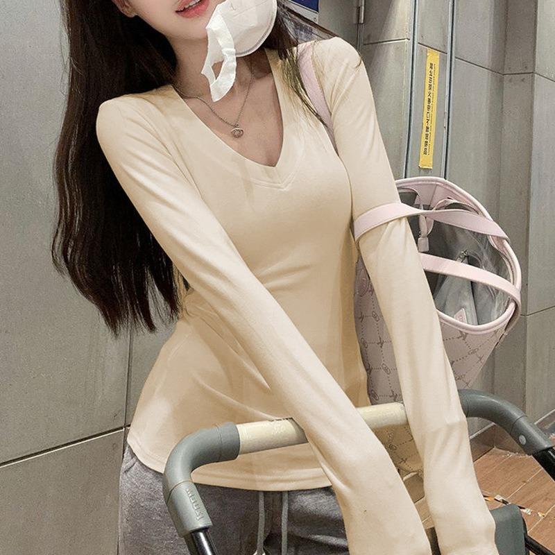 

Winter V-neck Long-sleeved T-shirt New Versatile Top L абрикосовий