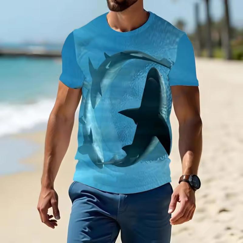 Fashionable Ocean Pattern T-shirt Shark 3d Printing Loose Comfortable Round Neck Short SleevesY2k Style Breathable Top