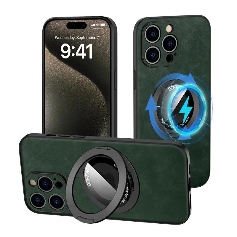 360 Magnetic Ring with Kickstand Luxury Leather Phone Case for IPhone 15 14 13 12 11 Pro Max Holder Protective Shockproof  Cover