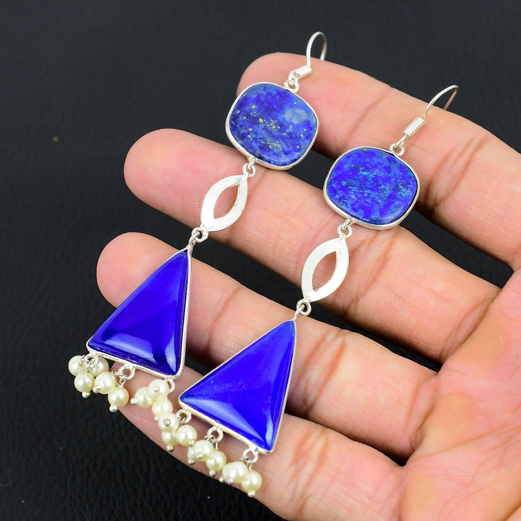925 Sterling Silver Lapis Lazuli Gemstone Daughter New Dangling Hook Earrings