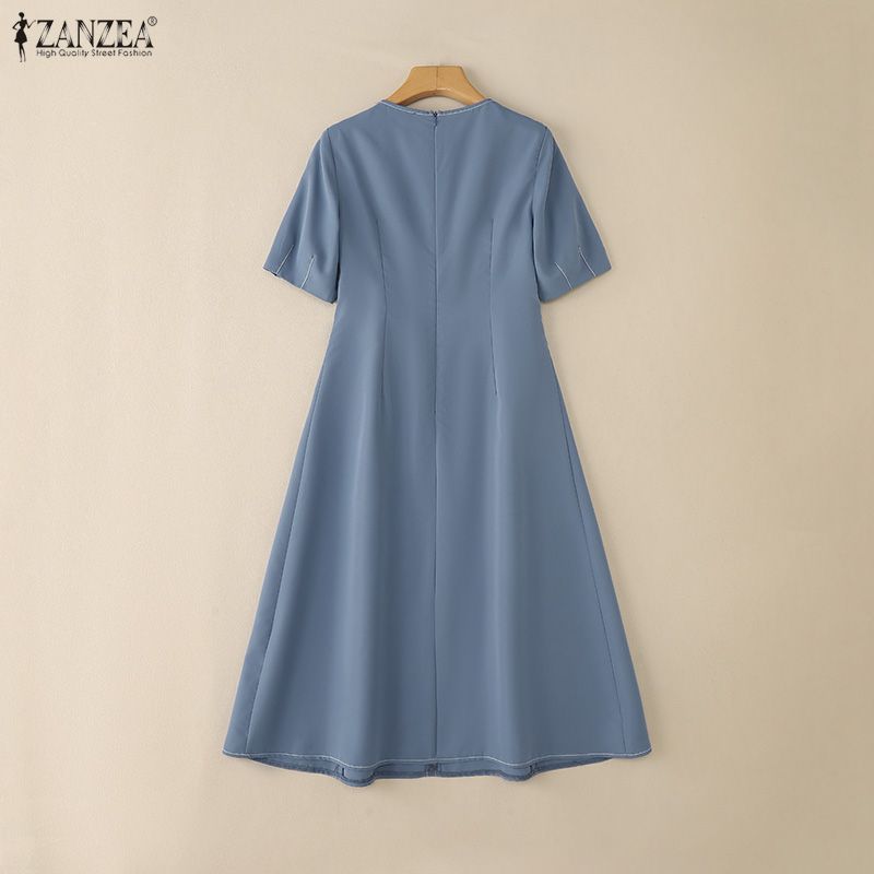 ZANZEA Dámské letní ležérní šaty s kulatým výstřihem s krátkým rukávem