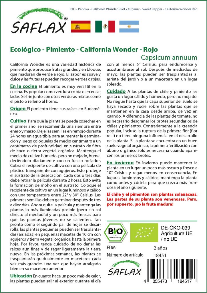 SAFLAX Garden In the Bag - Organic - Sweet Pepper - California Wonder Red - 20 Seeds - With Substrate In a Fitting Stand Up Bag - Capsicum Annuum