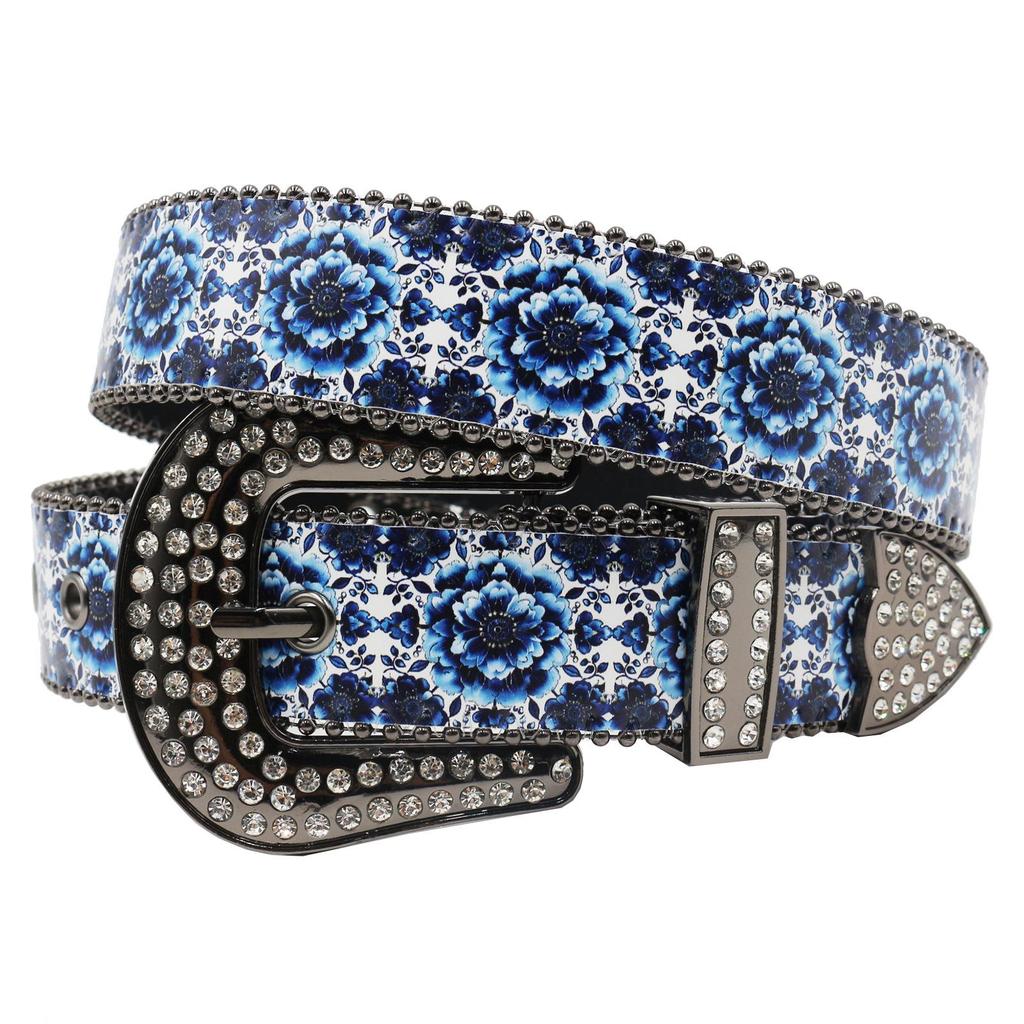 Blue Porcelain Floral Rhinestone Women's Versatile Fashion Belt