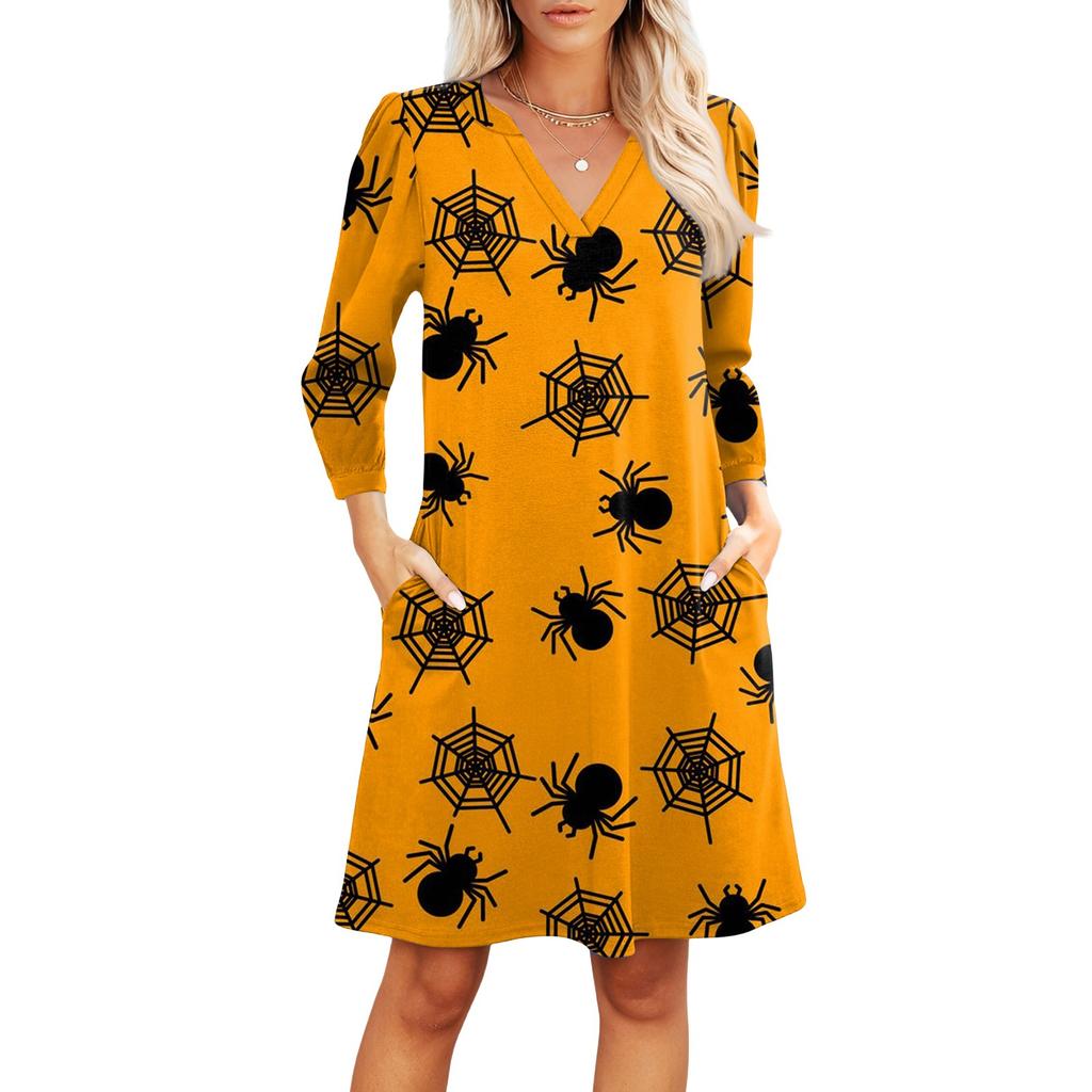 Damenmode V-Ausschnitt Lässiges Strandkleid Dreiviertelärmel Halloween-Print Kleid