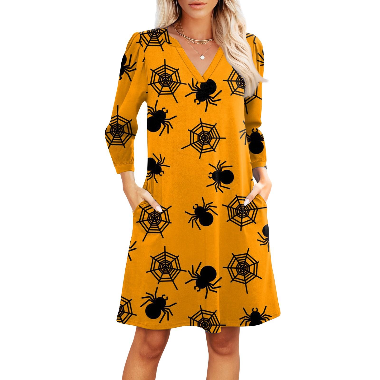 

Women s Fashion V-neck Casual Beach Dress Three-quarter Sleeves Halloween Print Dress M оранжевый