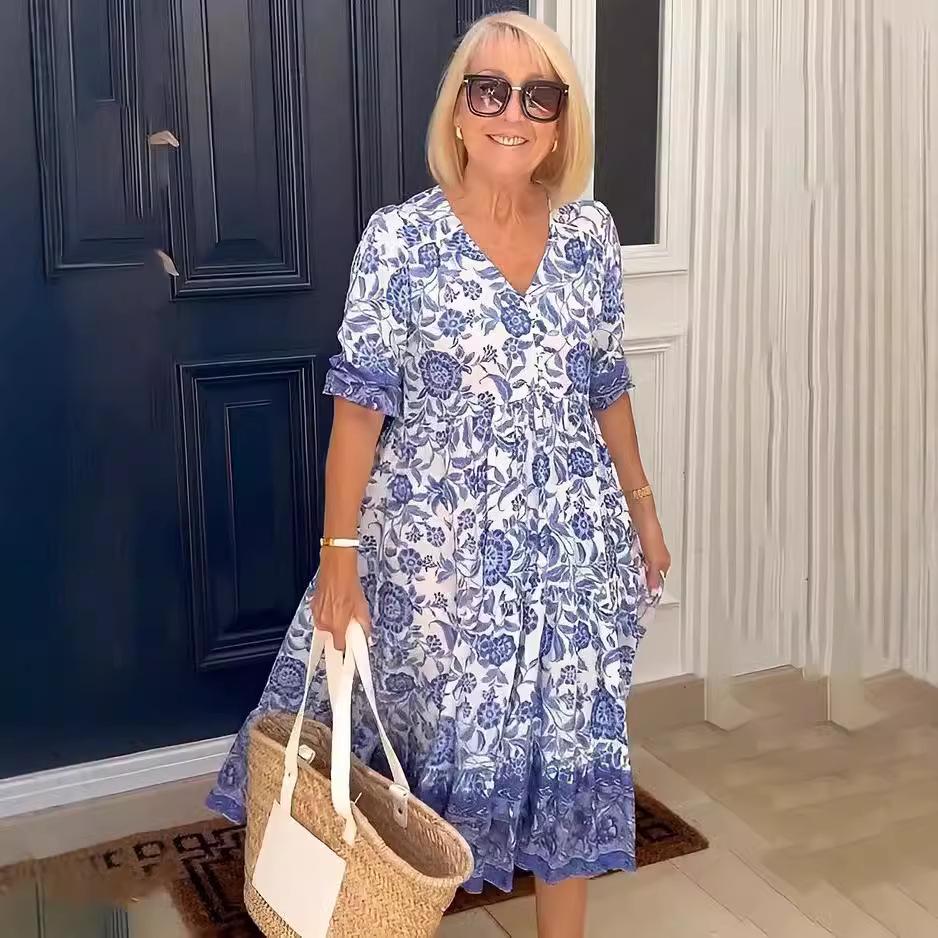 Abito Maxi Floreale Taglie Forti con Scollo a V per Vacanza al Mare