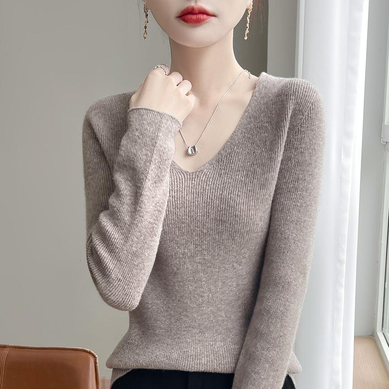 New Autumn and Winter Women's Pullover Sweater Long-sleeved Tight Slimming Knitted Sweater V-neck Slimming Base Layer