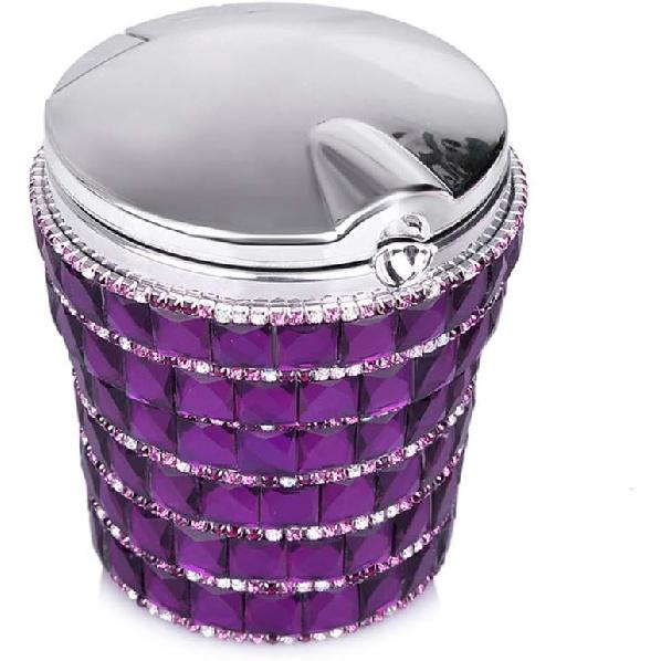 Car Ashtray Diamond Bling Car Ashtray with Blue LED Light Smokeless Stand Cylinder Cup Holder (Dark Purple)