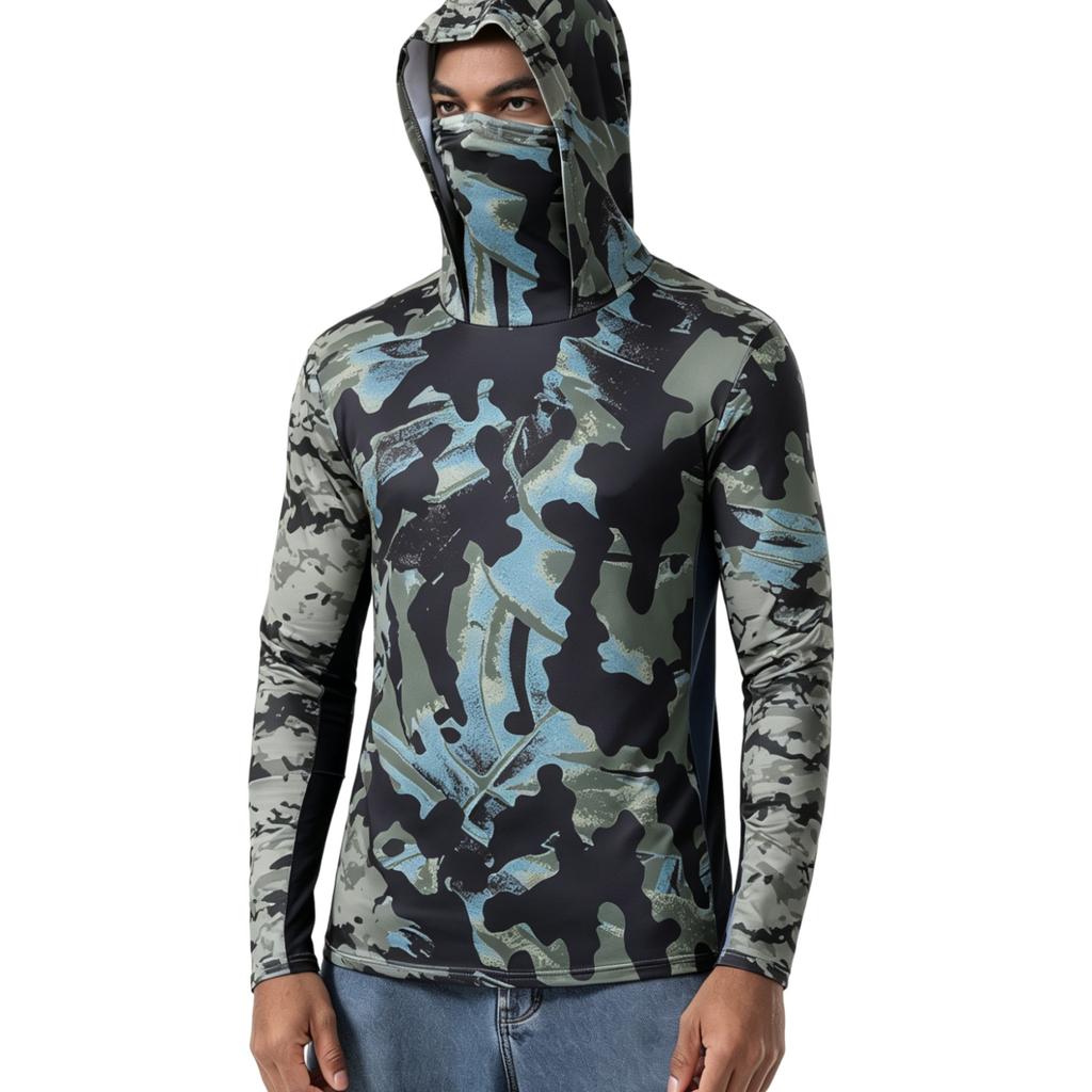 Men’s Fishing Sun Hoodie Camouflage Quick Dry Mesh Breathable Outdoor Face Cover Long Sleeve Shirt