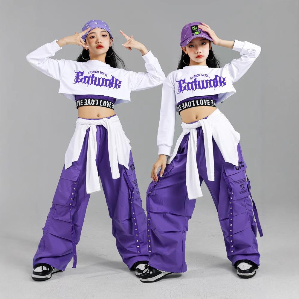 Hip Hop Mädchen K-Pop Crop Top Lila Cargohosen Kinder Street Dance Outfits Kinder Streetwear Gruppe Jazz Kleidung Sets