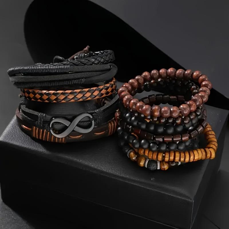 12pcs Vintage Braided Faux Leather Bracelet Set with Tiger Eye & Moonstone Beads - Stylish Accessories for Daily Wear & Parties (Box Not Included)