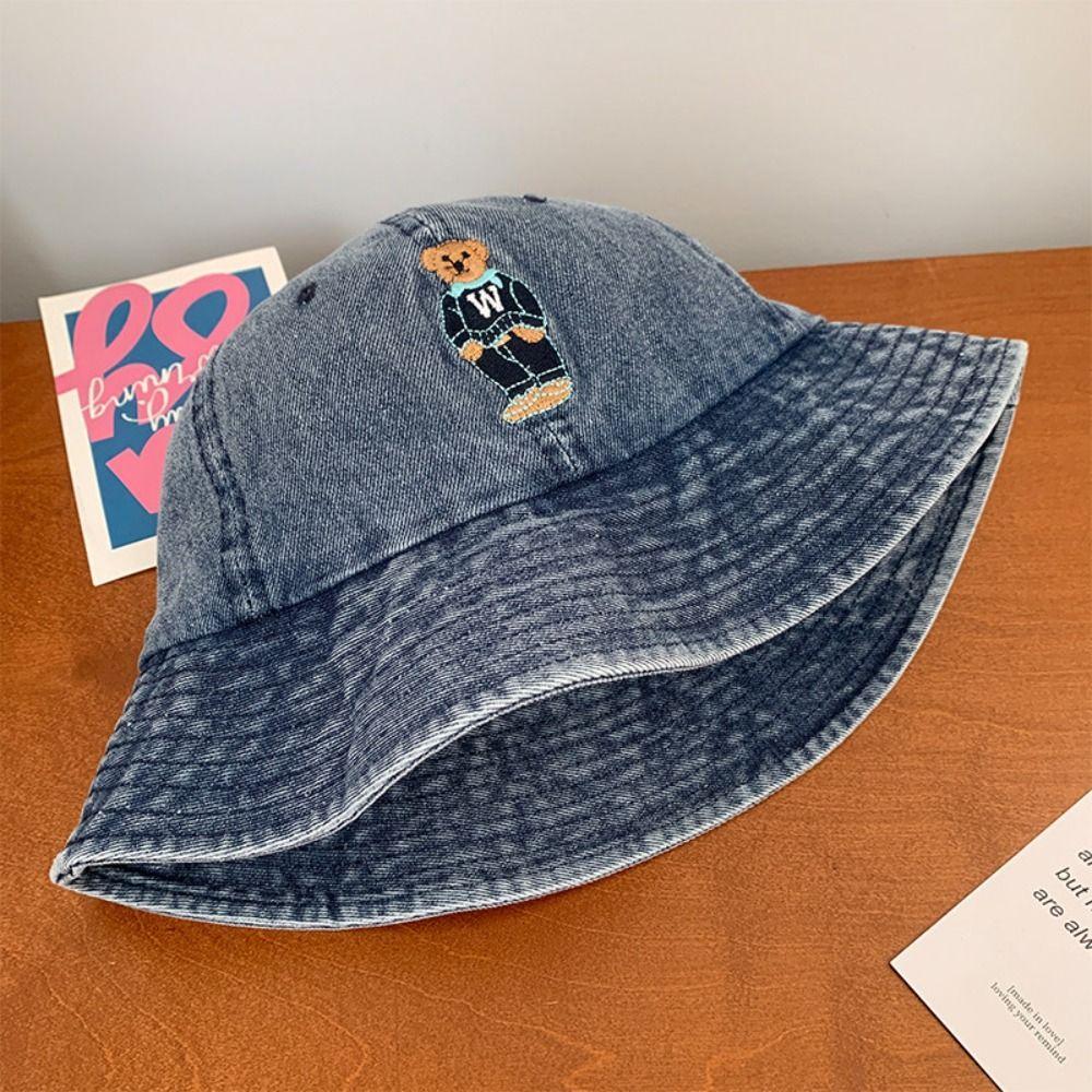 Bear Embroidery Print Vintage Washed Denim Hat Drawstring Adjustable Windproof Fisherman Hat Wide Brim Sunscreen Casual Sun Hat