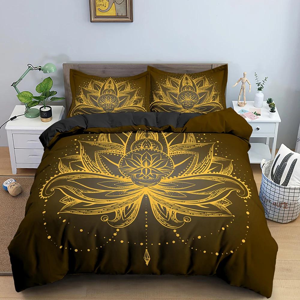 2/3dílná Sada na postel Bohemian Lotus Sada povlaku na přikrývku Mandala Květinový povlak na přikrývku Pro dospělé Černá Polyesterová sada ložního prádla Queen King Twin Pro teenagery