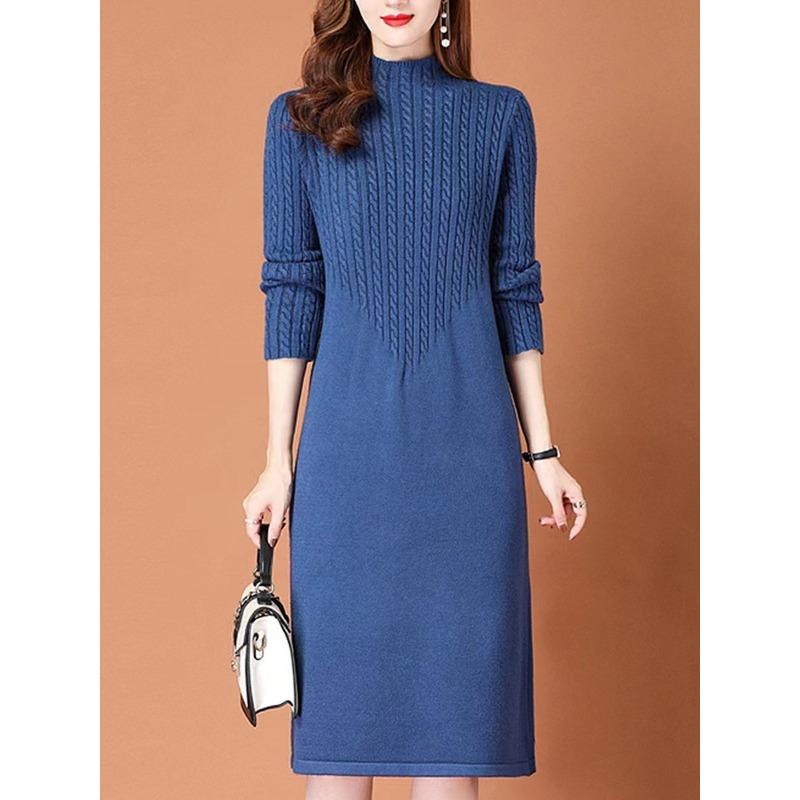 Sweater women's new medium and long over-the-knee sweater semi-turtleneck autumn and winter base loose dress women