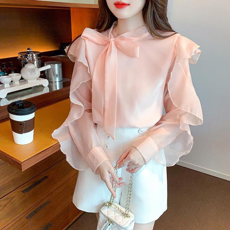 Spring Flounces Woman Chiffon Shirt Bow Formal Ruffles Dress Shirts For Women