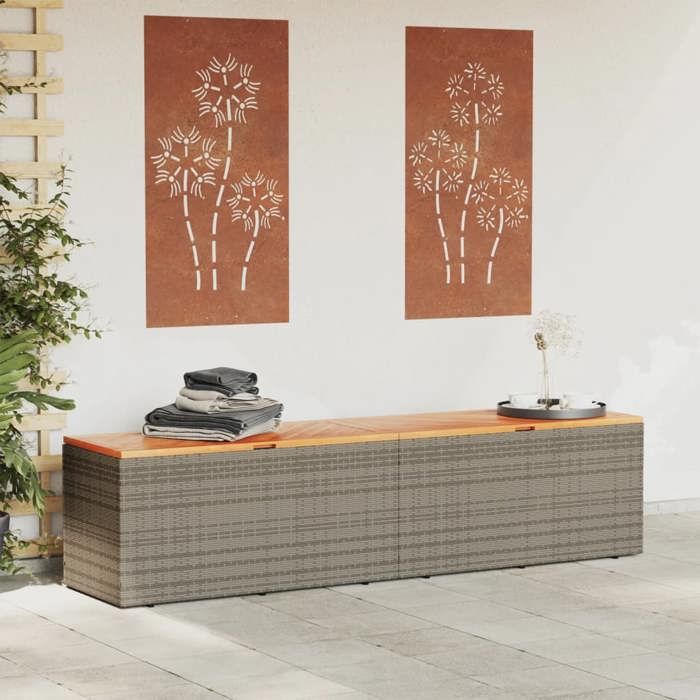 VidaXL Patio Storage Box Gray 86.6"x19.7"x21.3" Poly Rattan Acacia Wood, Garden Storage Box, Outdoor Cushion Storage, 365959