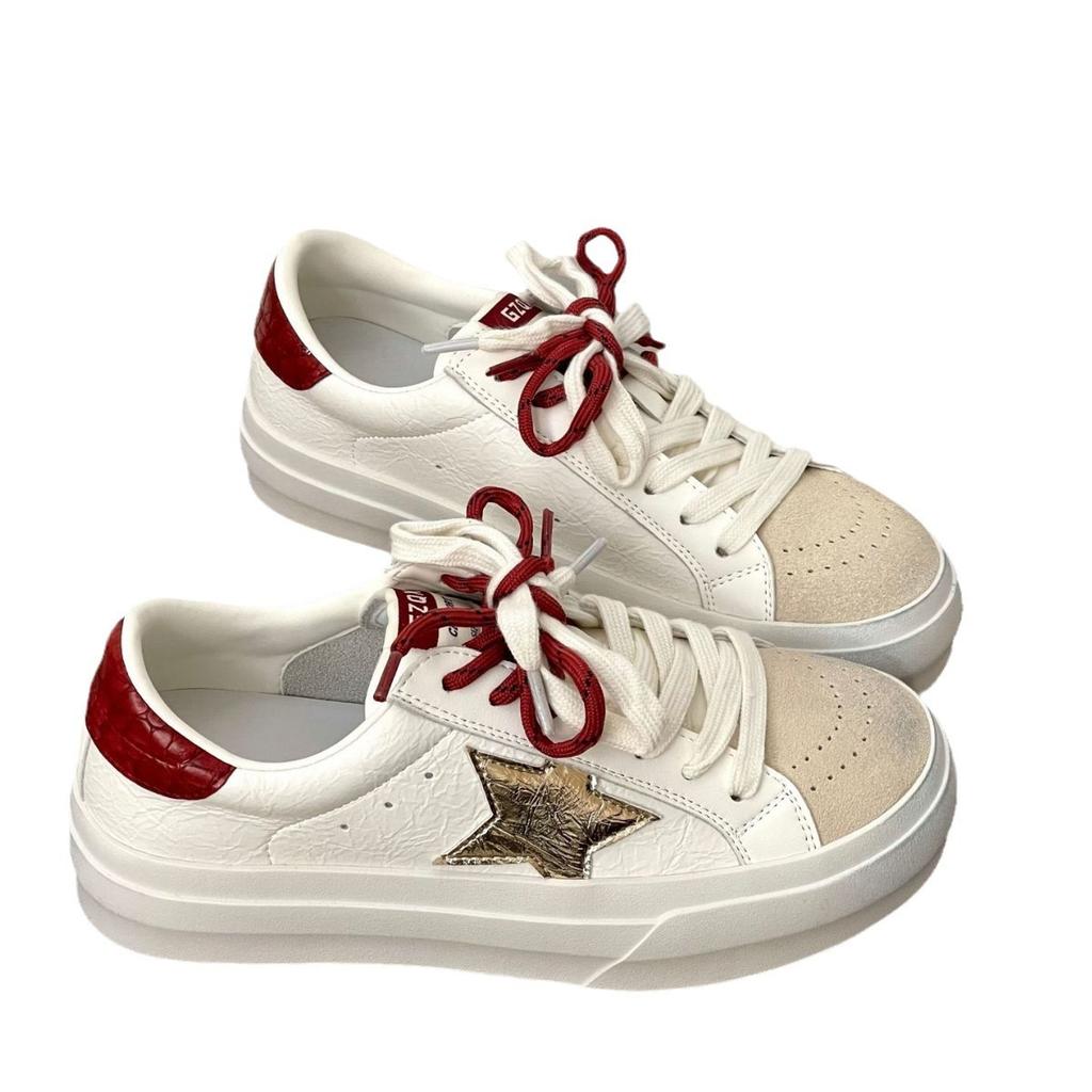 Spring new leather casual star board shoes pair of shoelaces color matching retro women's white shoes