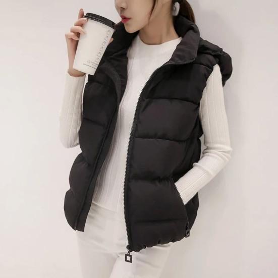 Women Winter Cotton Coat Hooded Neck Protection Thickened Padded Detachable Hood Short Type Windproof Zipper Pocket Zip-up Waistcoat