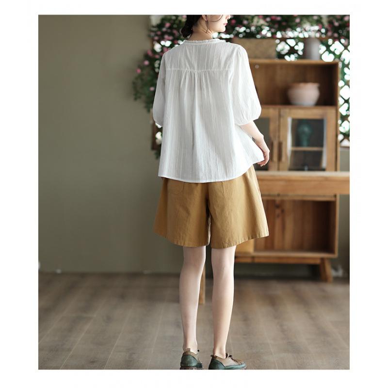 New literary lace V-neck cotton shirt women's casual white shirt temperament short-sleeved top summer