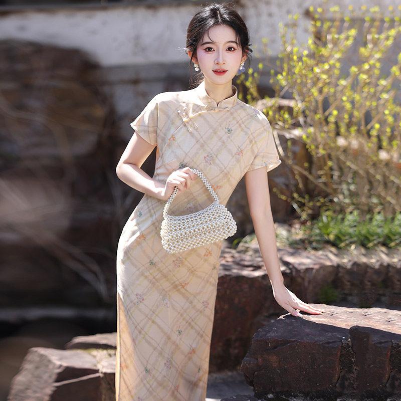 Kareli kolsuz ulusal tarz yeni Çin günlük Suzhou uzun cheongsam geliştirilmiş genç 1011 yeni kadın yüksek duygu