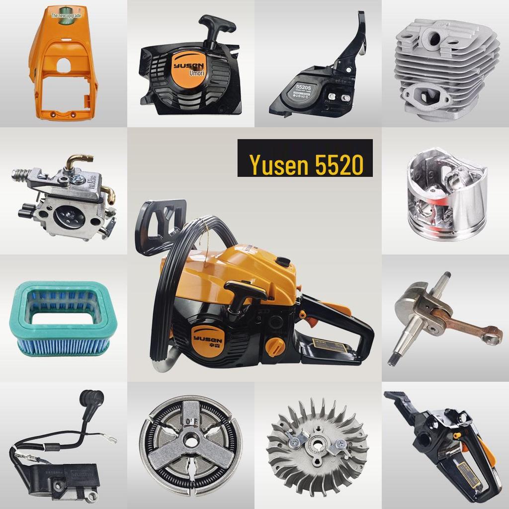 Yusen Chainsaw 5520 Parts: Cylinder, Carburetor, Clutch, Drive Disc, Pull Starter, Ignition Coil, Air Filter.